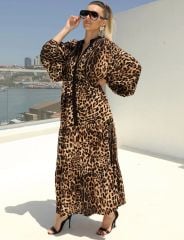 Desenli Viskon Elbise Leopar